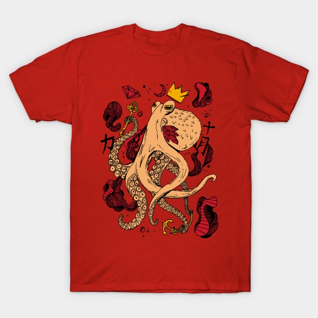 Royal Octopus - Red and Gold T-Shirt by kenallouis